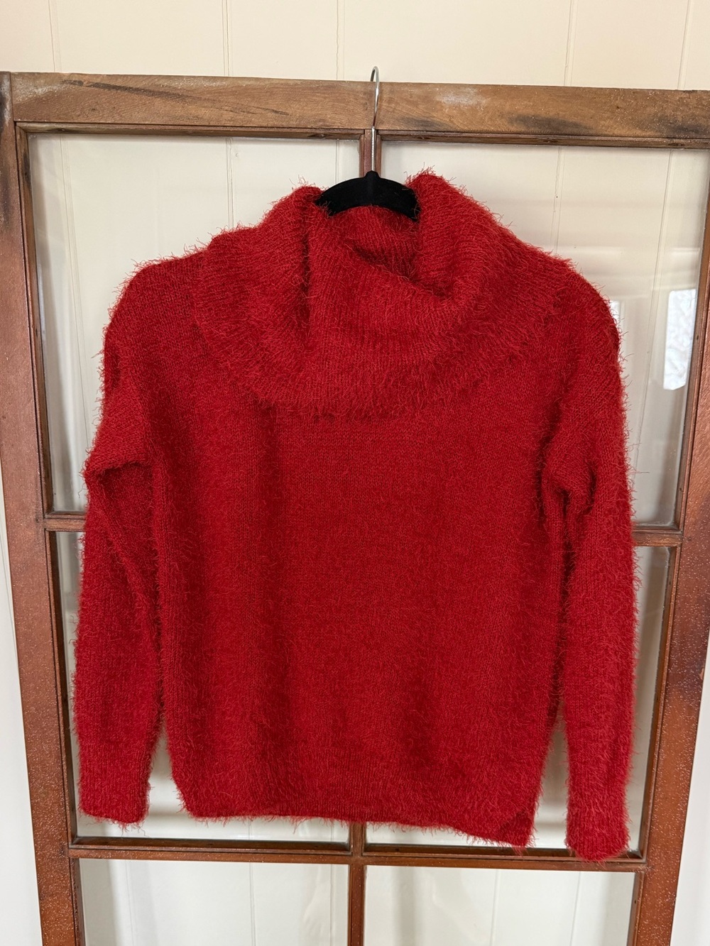 Pink Rose Ruby Red Oversized Fuzzy Eyelash Knit Cowl Neck Sweater Size Small